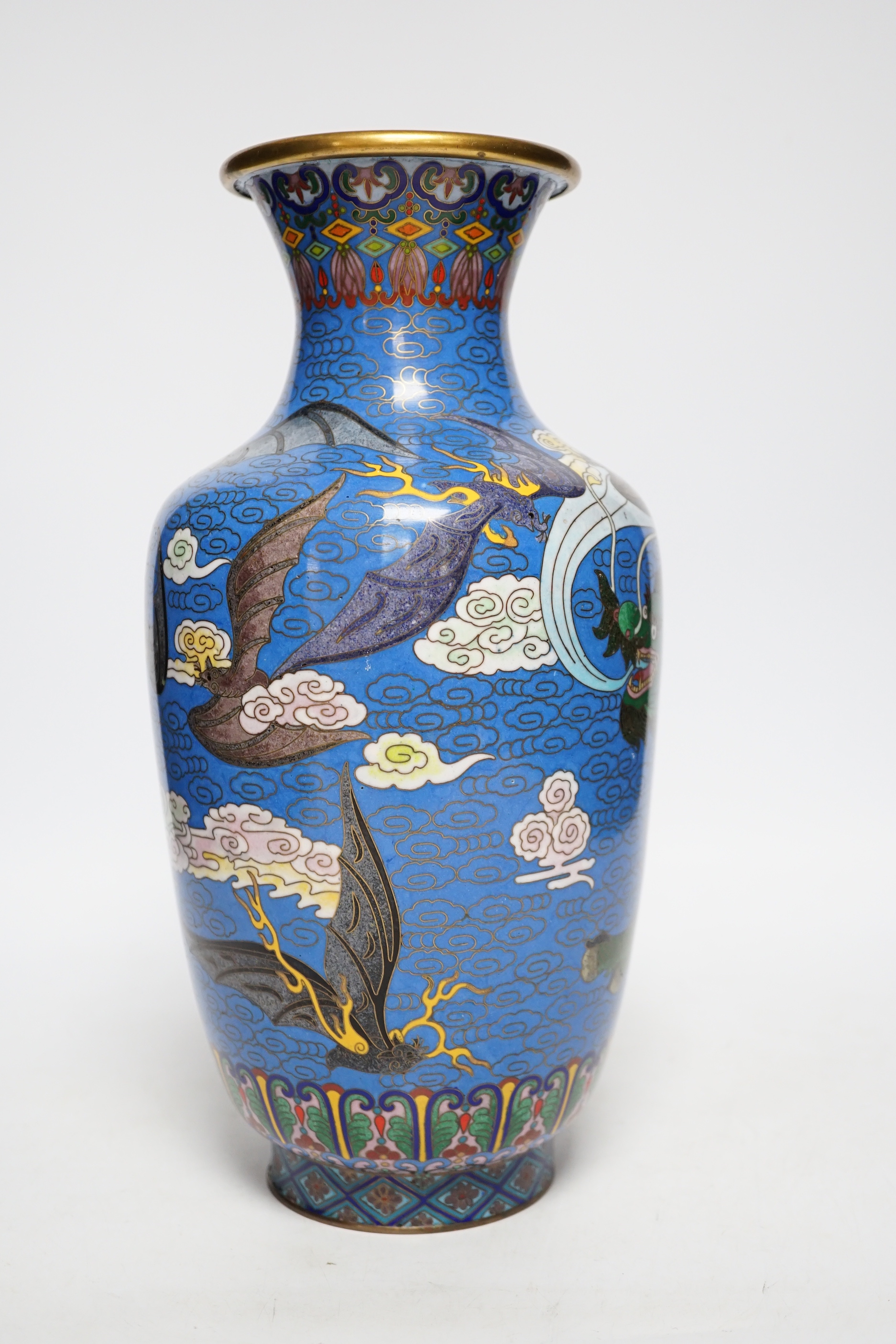 A Chinese cloisonné ‘qilin and bats’ enamel vase, 31cm